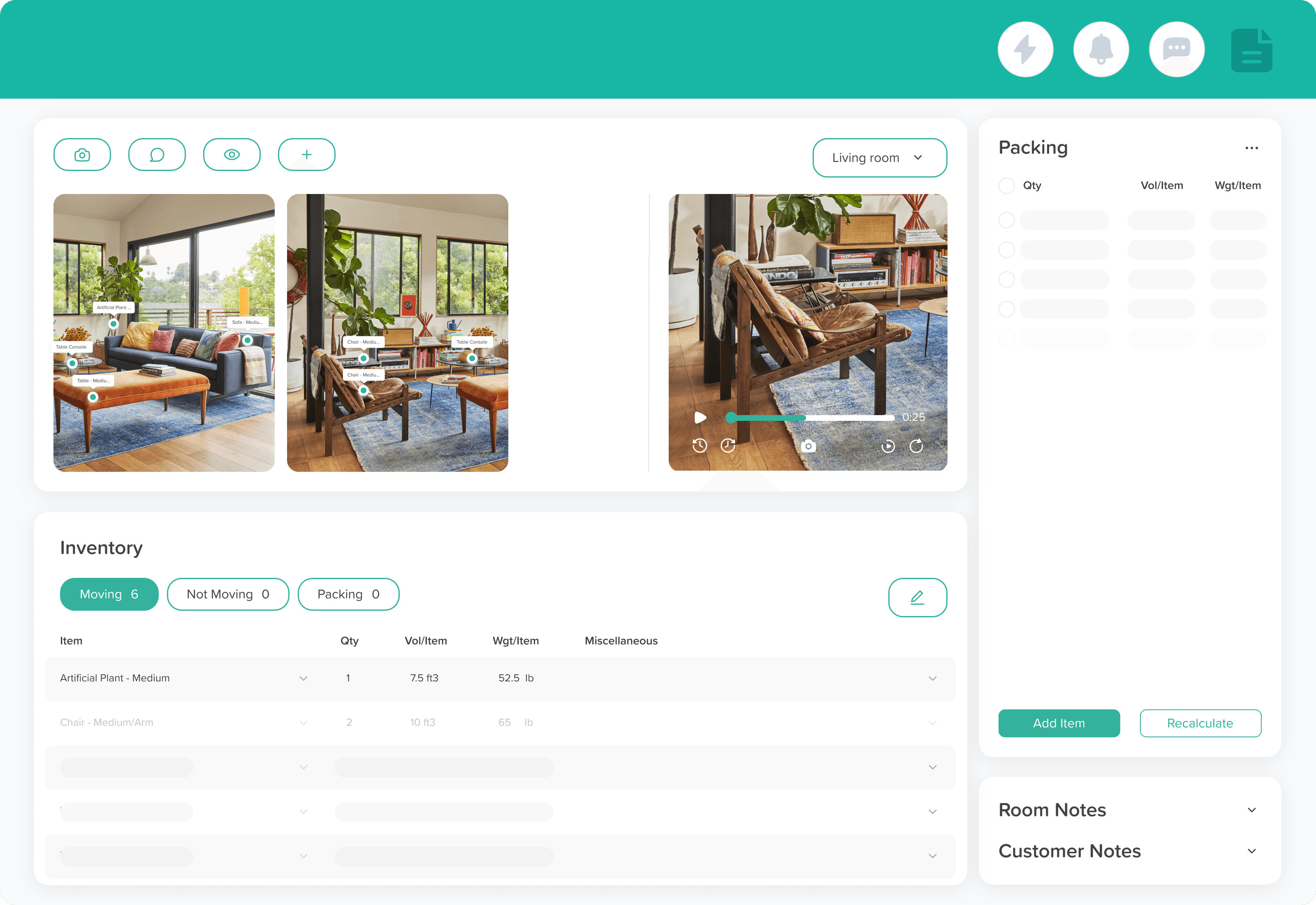 AI Inventory Management — room photos scanned to generate detailed item list with quantities, volume, and weight