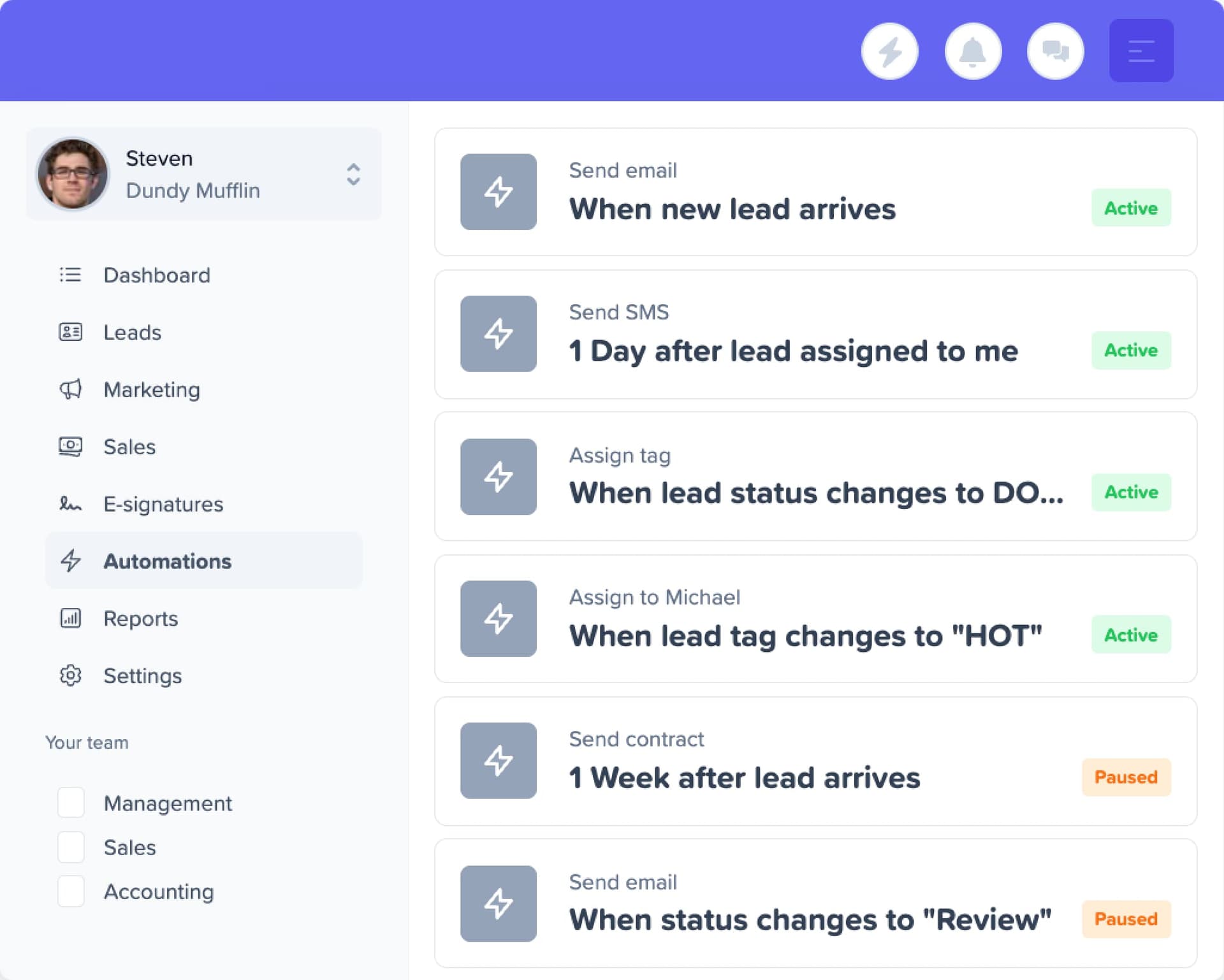 Automation workflow manager — trigger-based rules for emails, SMS, tags, and contract sending