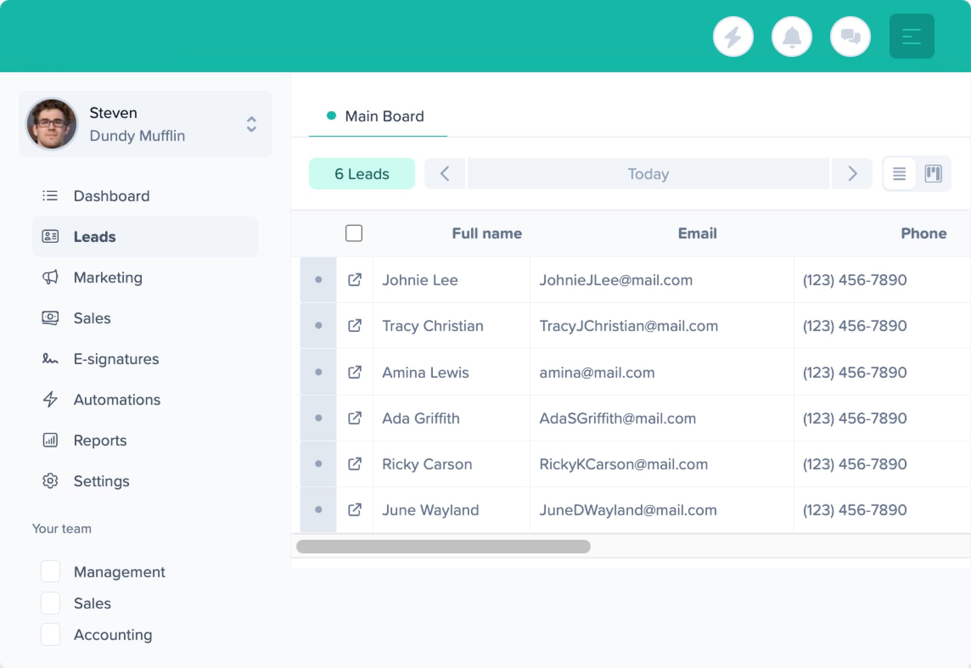 Network Leads CRM — lead list with contact details, sidebar navigation, and team management