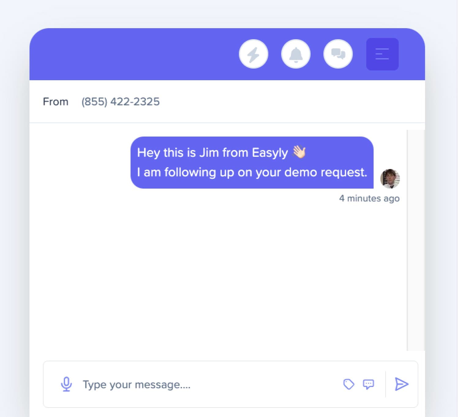 Built-in SMS chat interface — send and receive text messages directly from the CRM