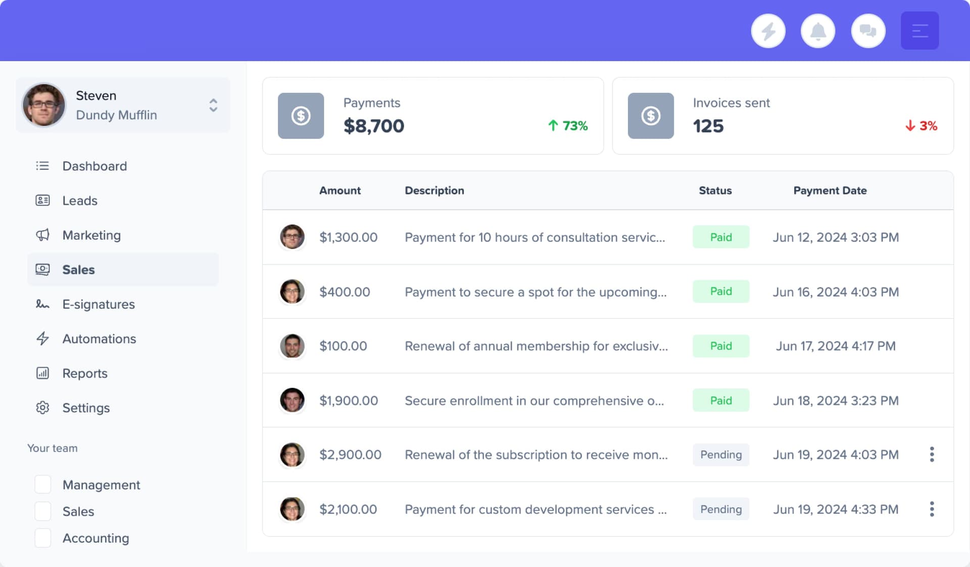 Sales and payments dashboard — payment history with amounts, statuses, and invoice tracking