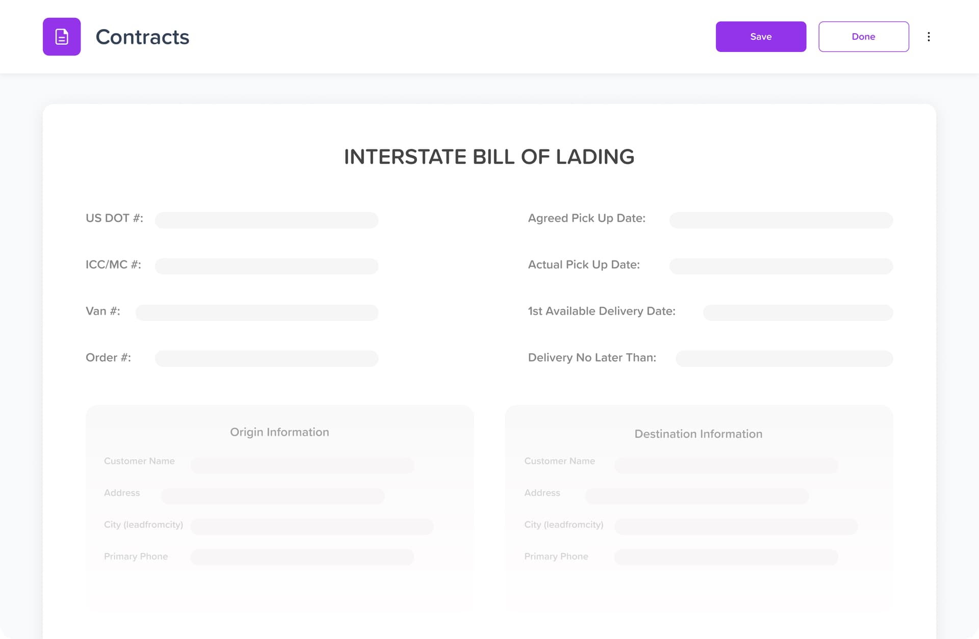 Electronic Bill of Lading — digital contract with origin, destination, and USDOT fields