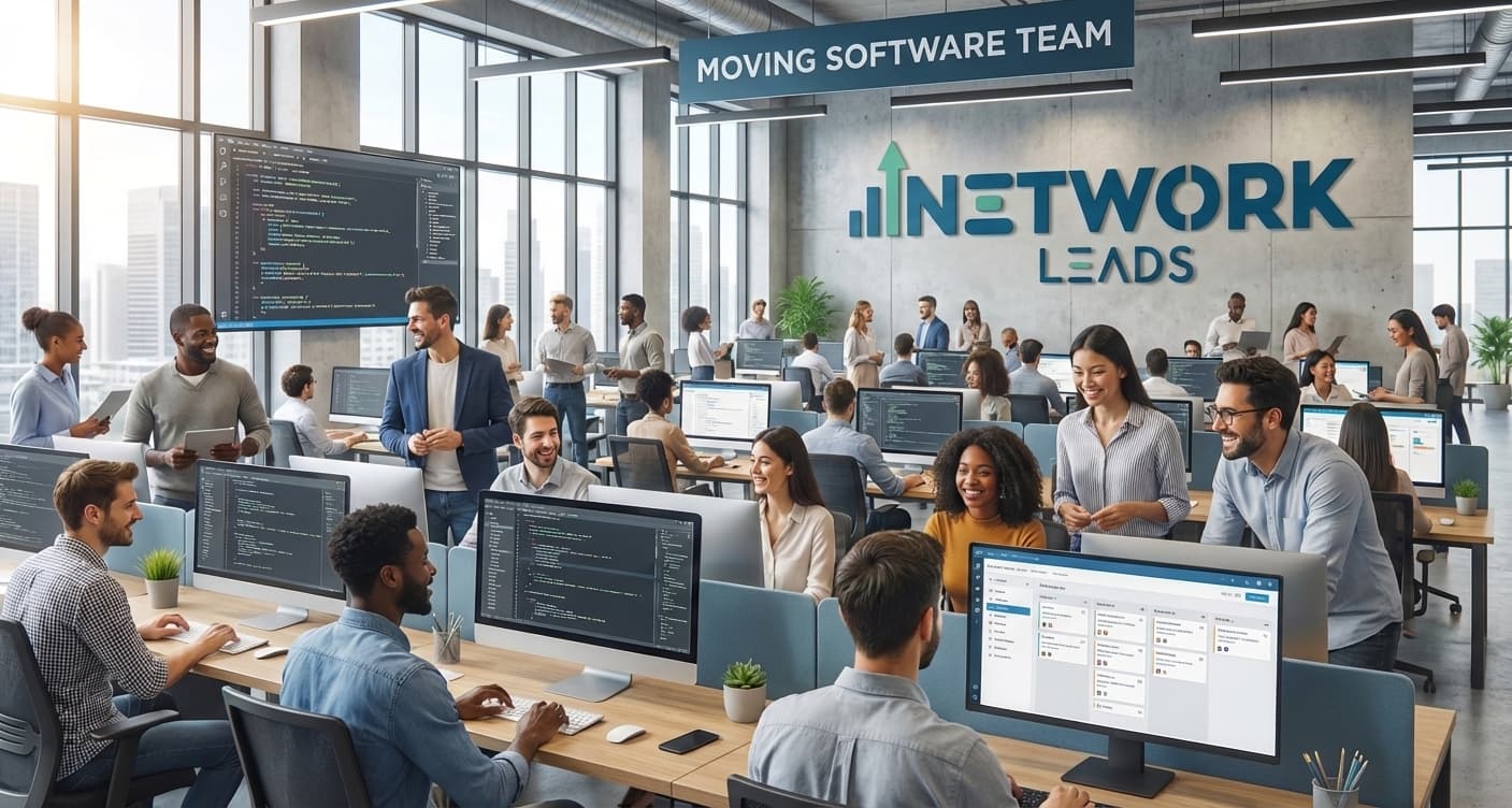 The Network Leads team working together in our office — building software and tools for the moving industry
