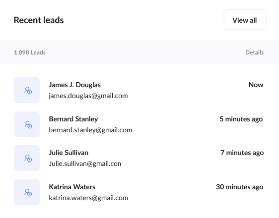 Recent leads feed — verified leads arriving in real time with name, email, and timestamp