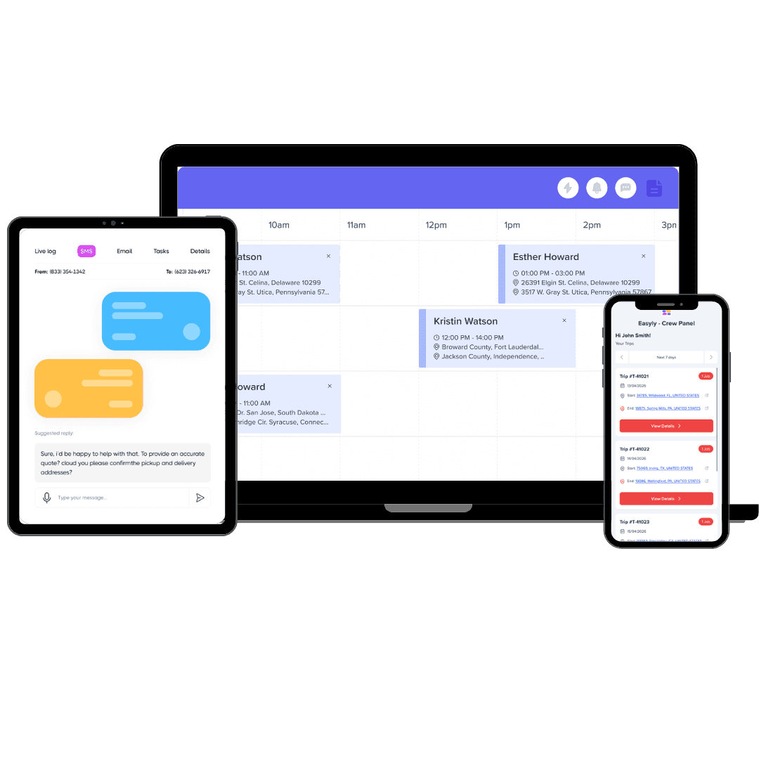 Network Leads on laptop showing dispatch calendar, tablet with SMS chat, and phone with crew panel