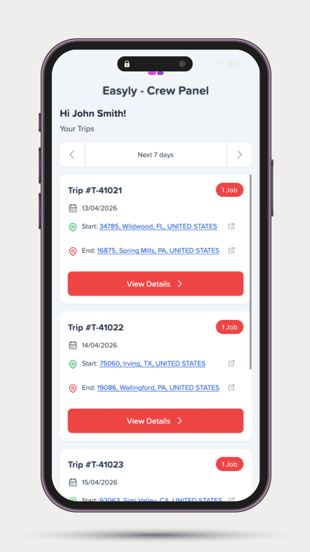 Crew mobile panel — job details, status updates, navigation, and customer info on a smartphone