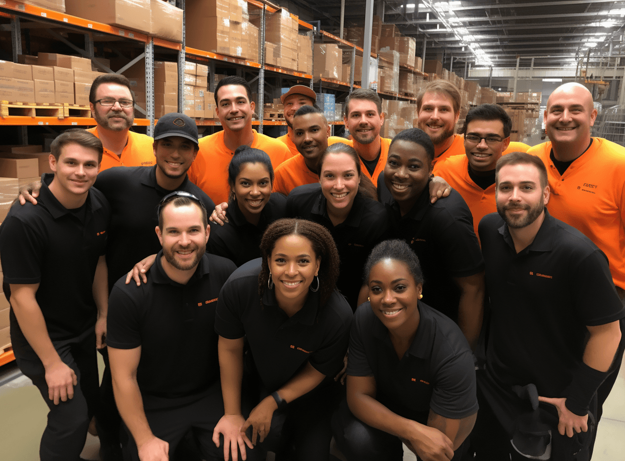 a team of people pose for a photo in a warehouse