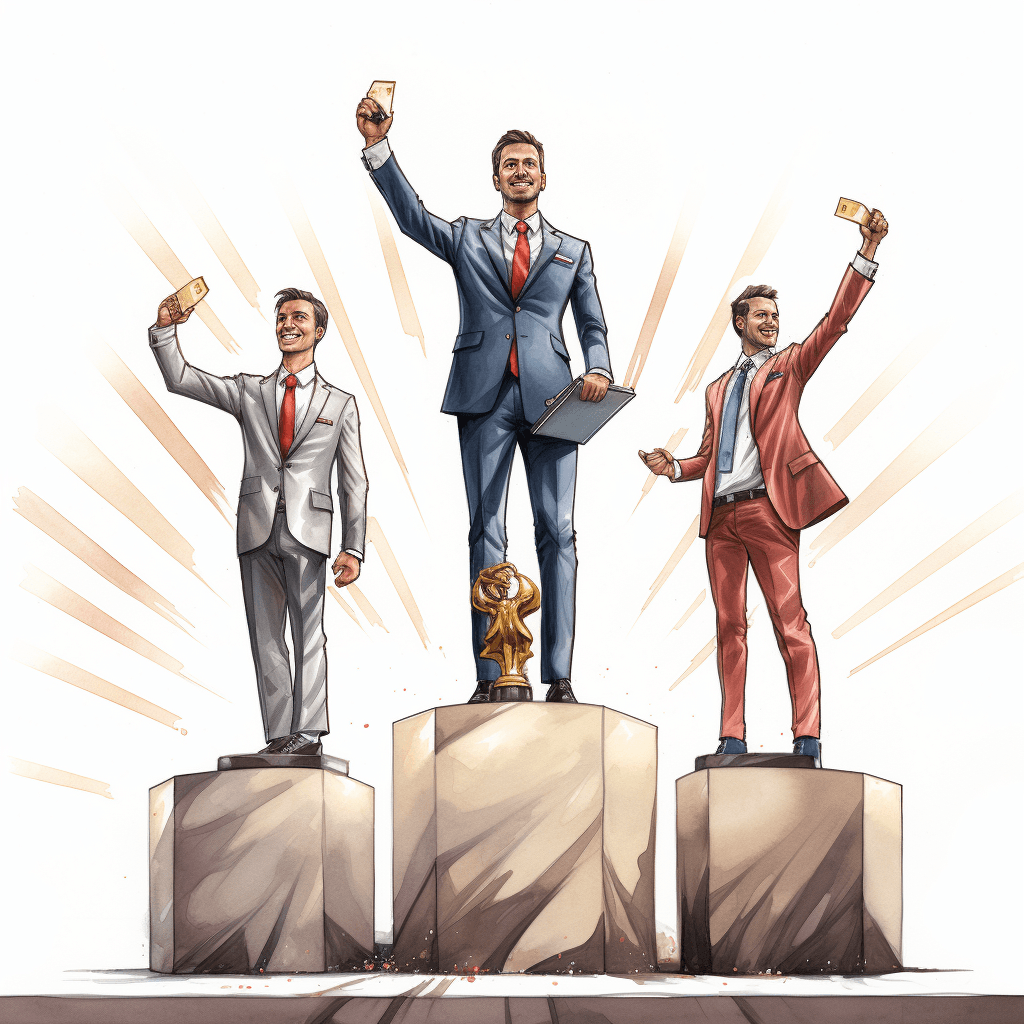 the top sales team member standing at the top of a podium as a winner wearing suit, 2nd and 3rd place are on the other podiums