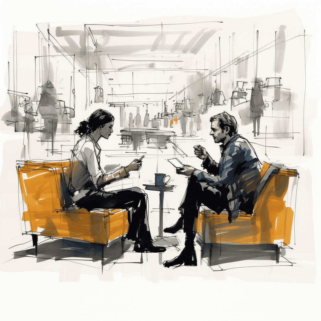 2 people sit an open office discussing feedback. one has a paper next him with notes.