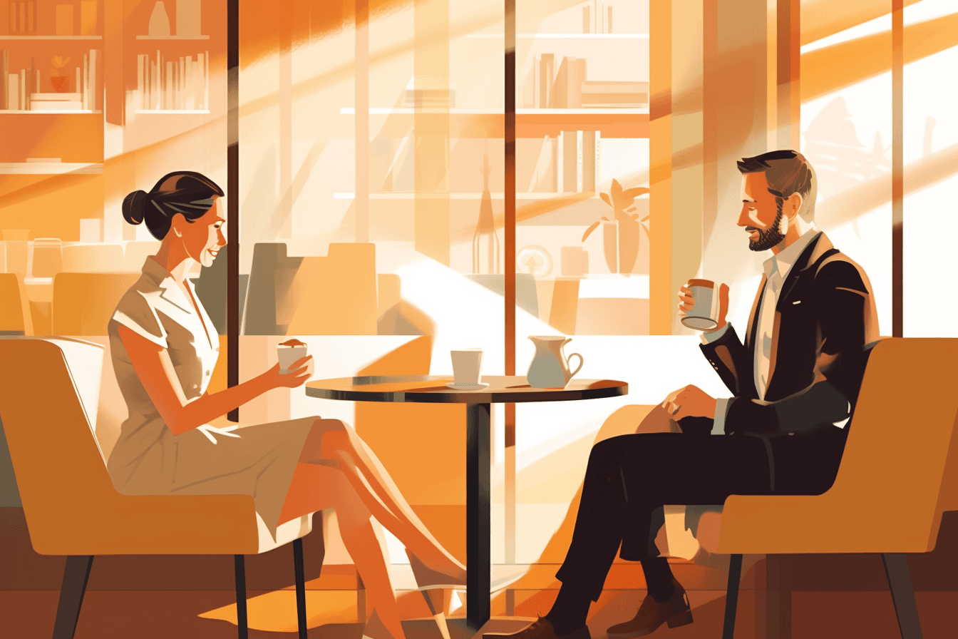 a lady and a man sitting next to a table, talking.
