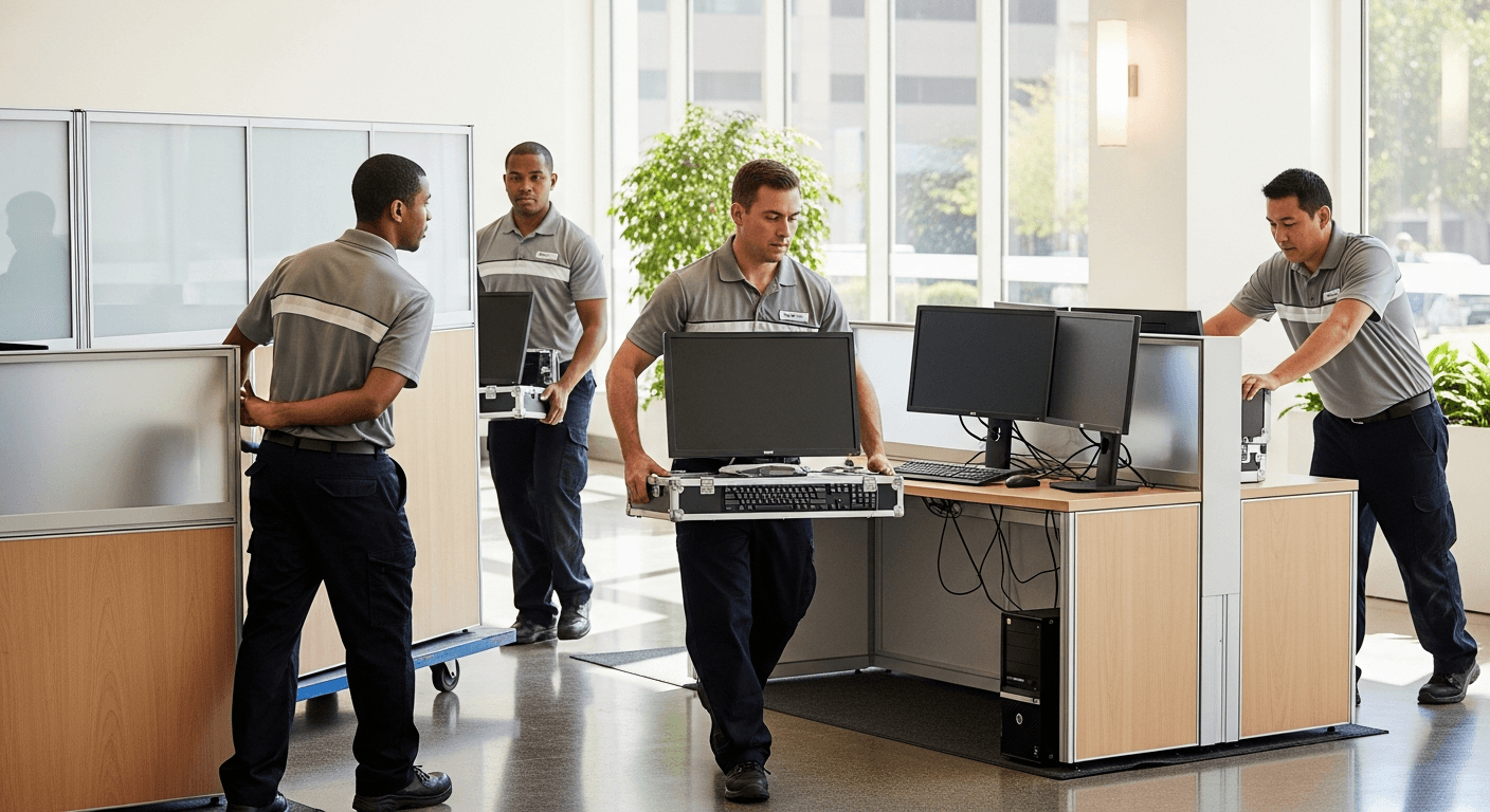 Moving crew in branded uniforms carefully moving modular office workstations and computer equipment through a commercial building lobby