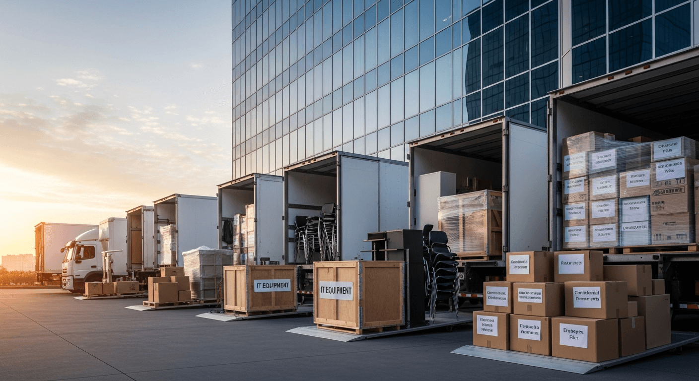 Row of commercial moving trucks loaded with office furniture, IT equipment crates, and color-coded labeled boxes lined up outside a glass office building at dawn