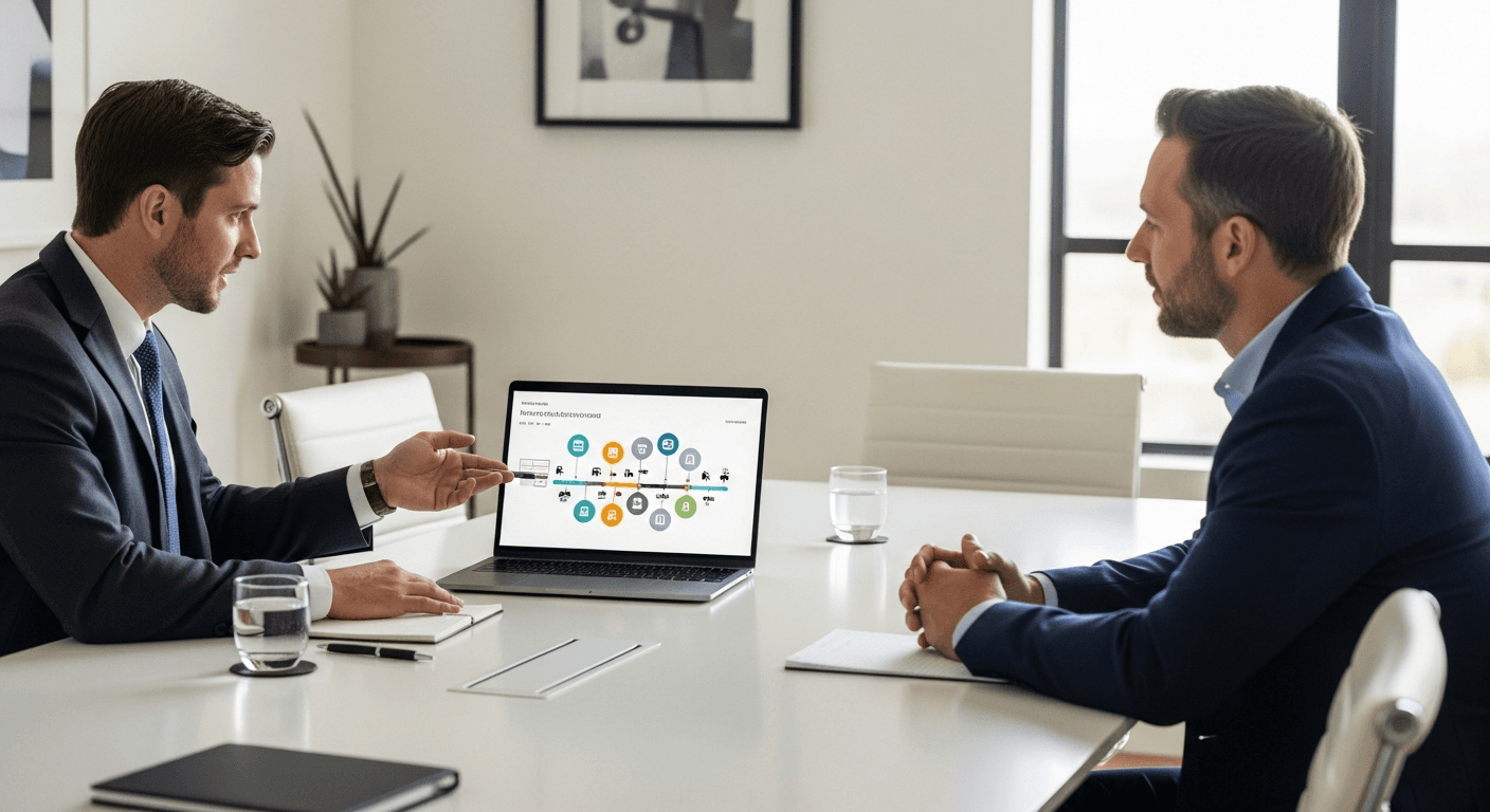 Moving company sales representative presenting a formal office relocation proposal on a laptop to a facilities manager in a bright modern conference room