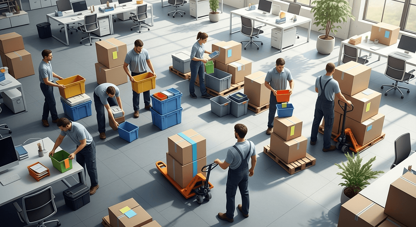 Bird's-eye view of a professional moving crew systematically packing and labeling a large open-plan office floor with color-coded tags and stacked reusable bins
