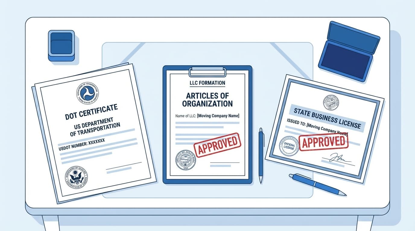 Business licenses and registration documents for a moving company