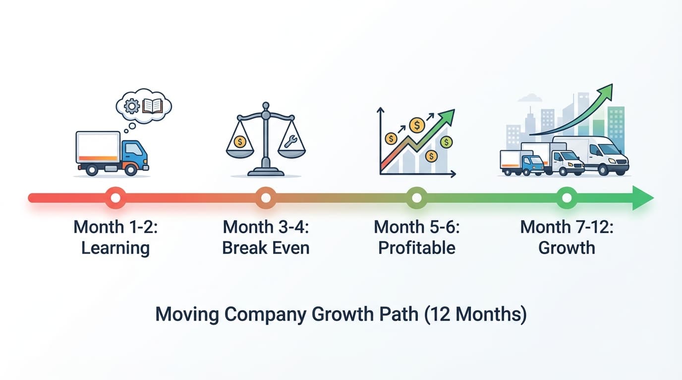 Moving company growth timeline from startup to profitability over 12 months