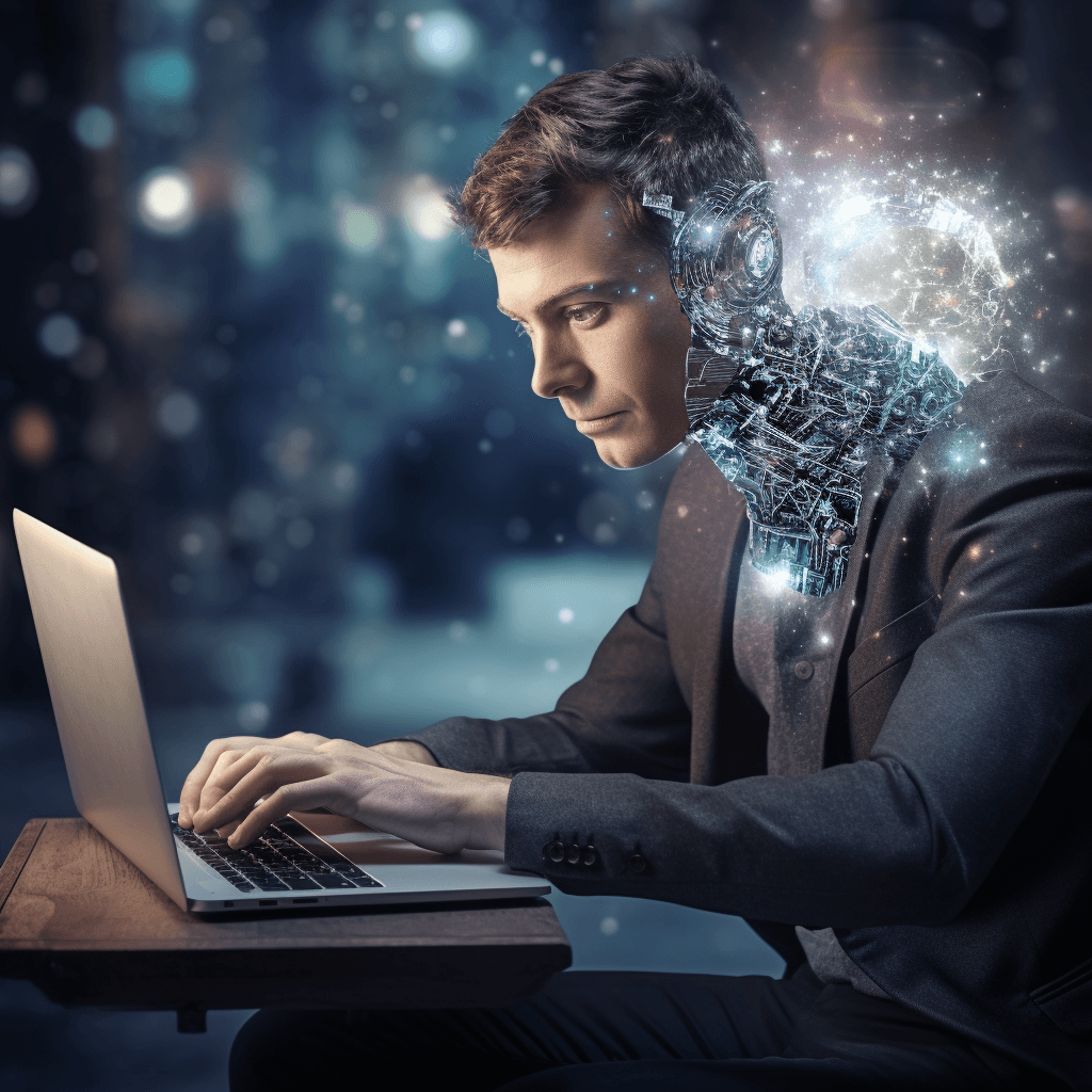 A man using a laptop to create content with an AI tool
