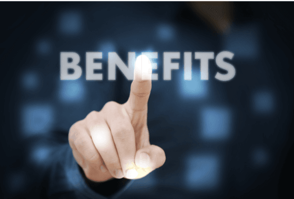 a finger tapping on a screen that has the word benefits in it