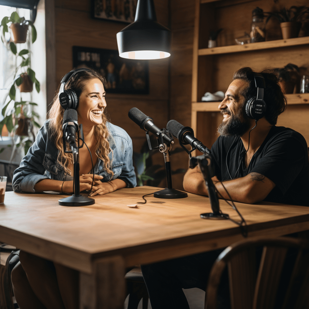 2 people sitting in a room with microphones communicating effectively about a customer's purchase