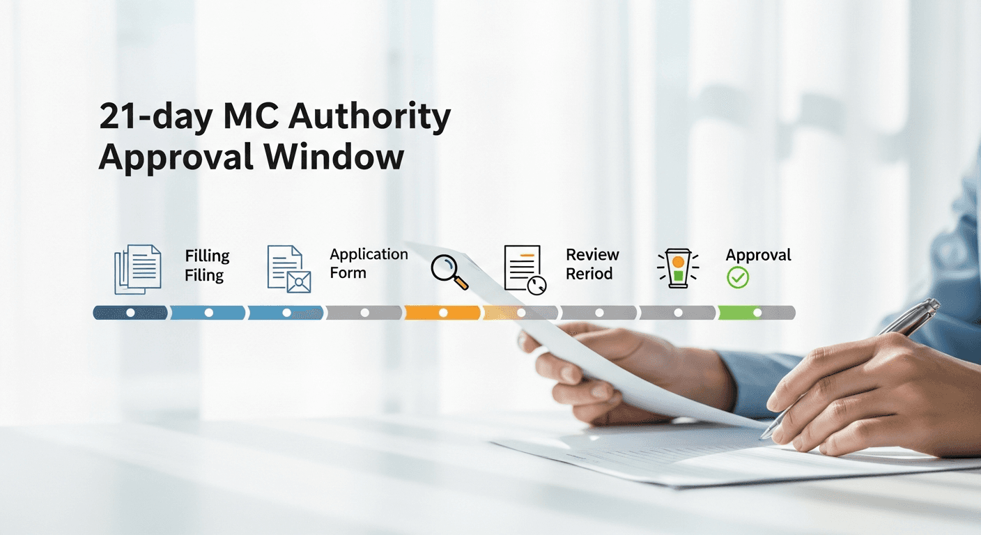 Timeline showing the 21-day MC authority approval window and required filings