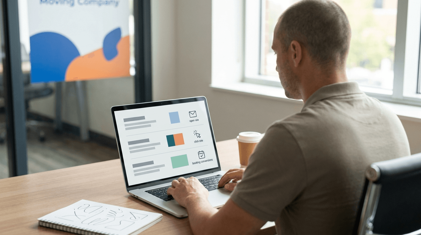 Email marketing funnel for a moving company showing lead arrival through post-move review request