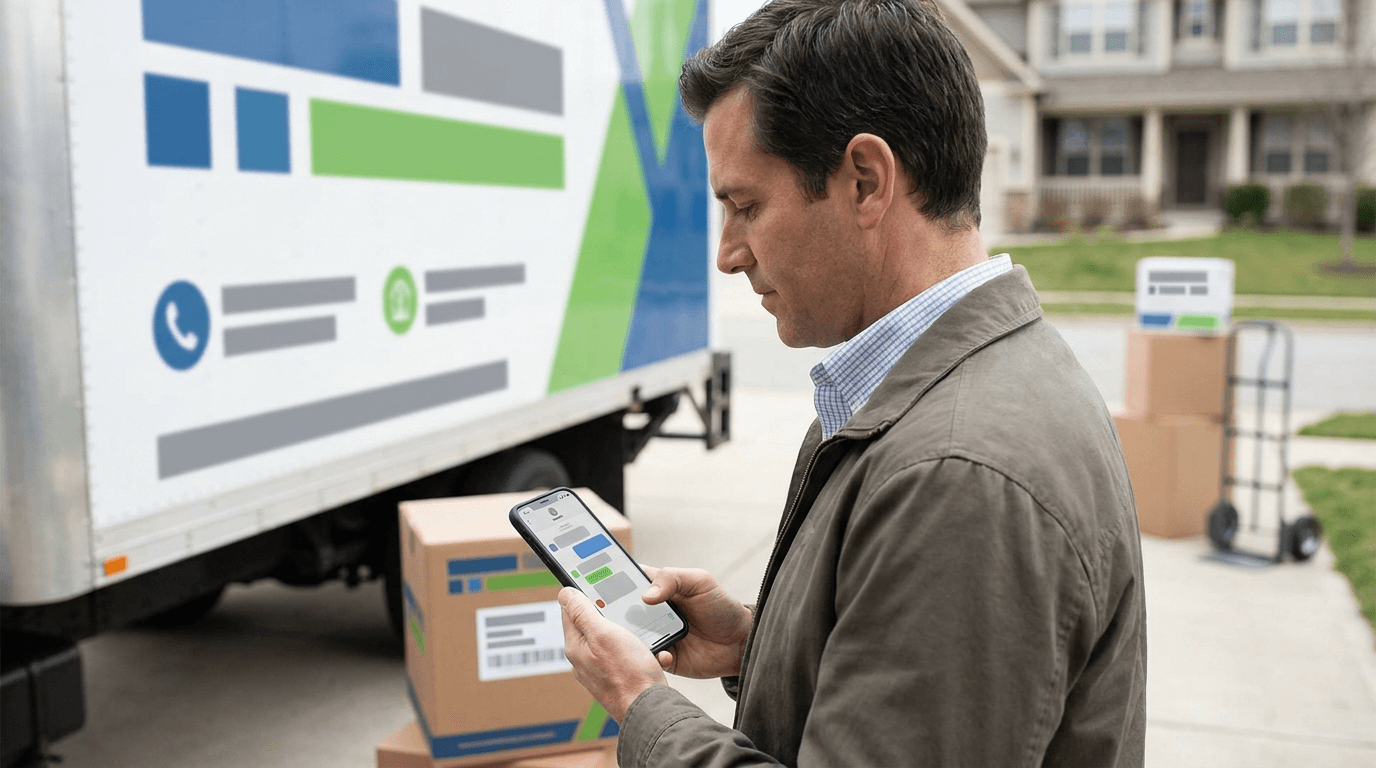 Moving company employee typing a personalized follow-up email at a desk with a moving truck visible through the window