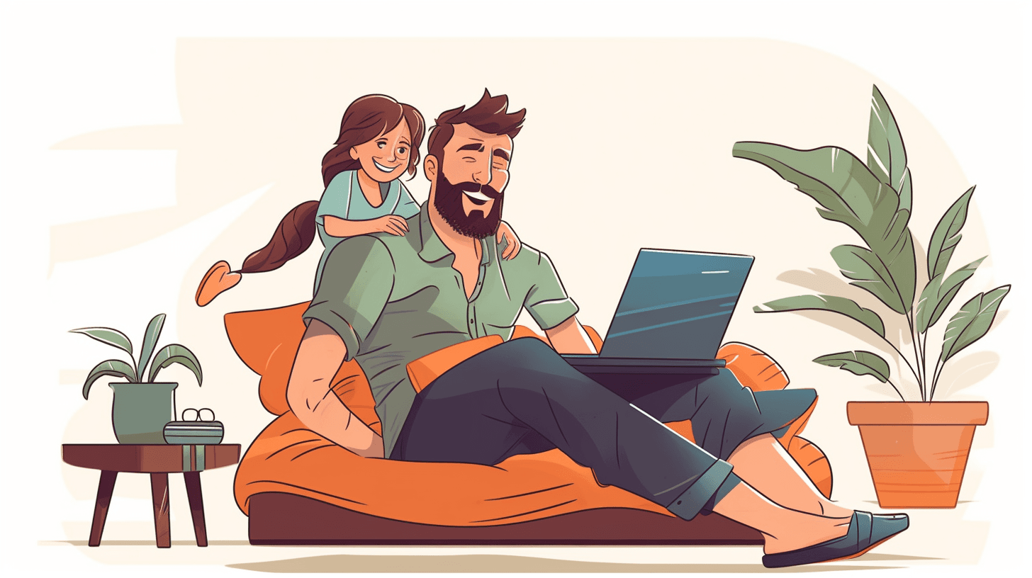 Work from home with kids children. Father working on laptop in bedroom with child daughter on his back. Funny candid family moment. In style of cartoon. --ar 16:9 --v 5.2