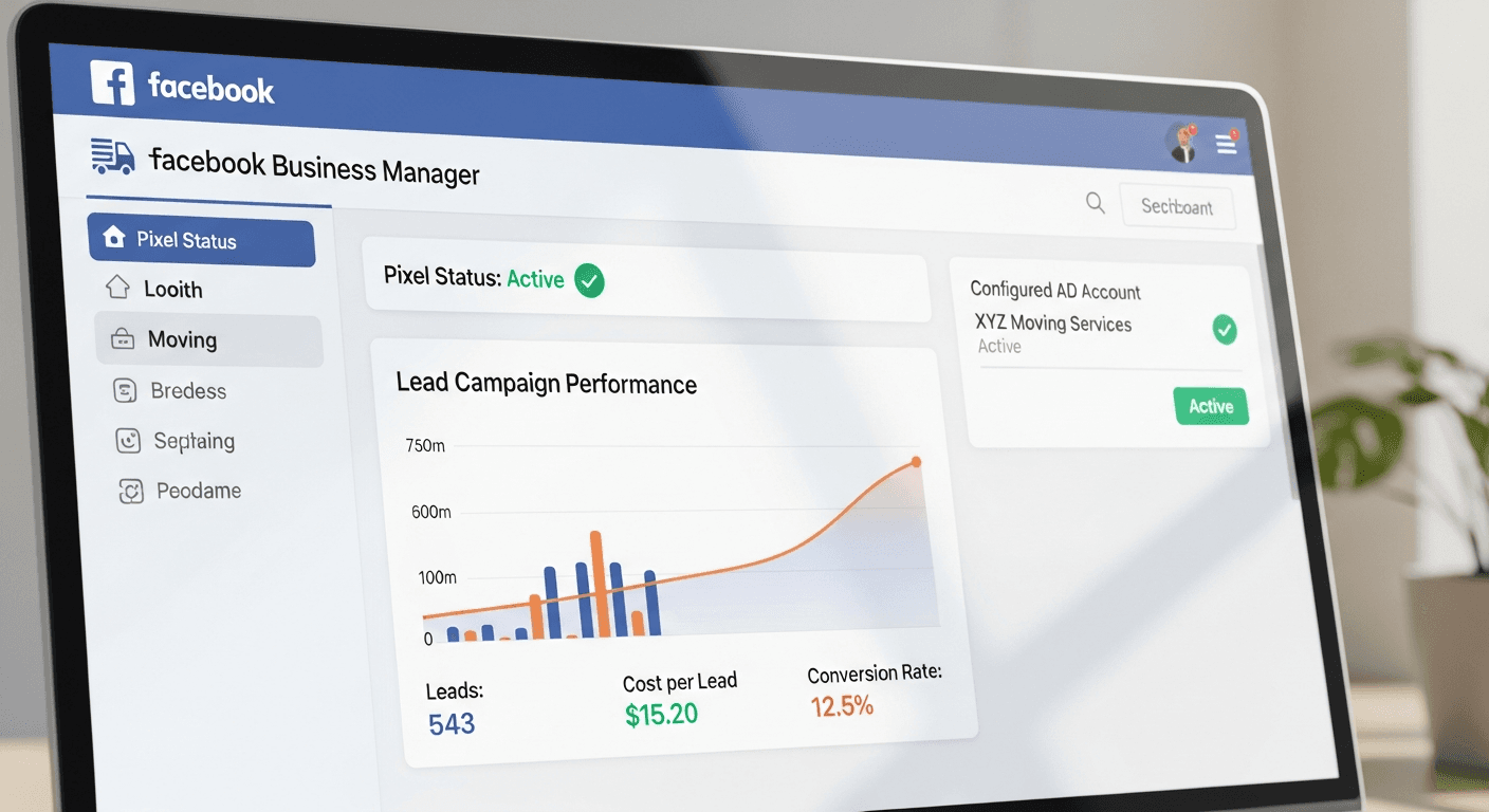 Facebook Business Manager dashboard set up for a moving company with active pixel status, configured ad account, and lead campaign performance metrics visible