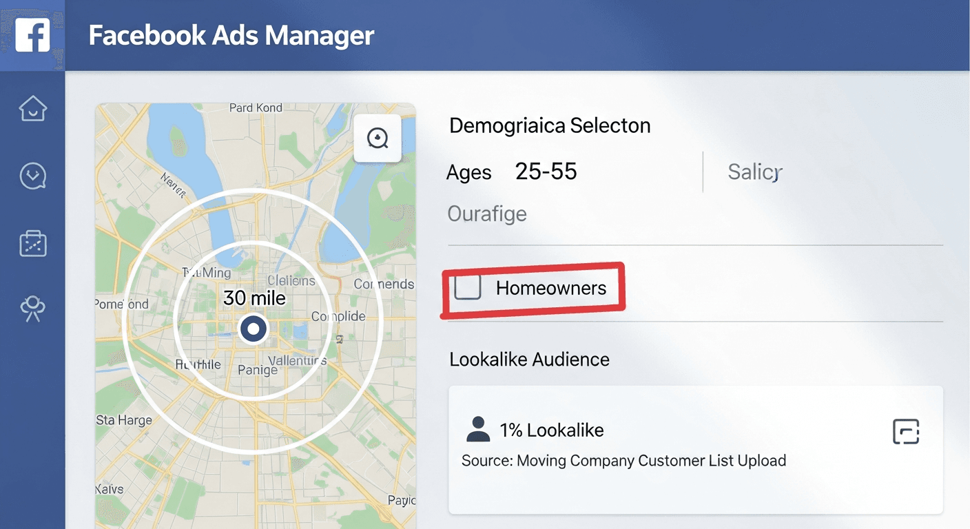 Facebook Ads Manager targeting panel showing 30-mile radius around a city, age 25–55, homeowners filter checked, and 1% lookalike audience configured from a moving company customer list upload