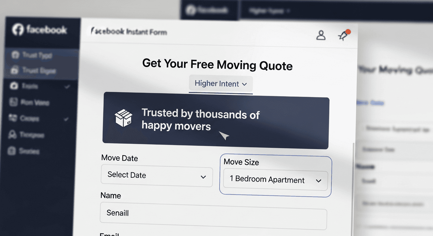 Facebook Instant Form builder showing a moving company's lead form with move date and move size dropdown fields, Higher Intent form type selected, and a trust-signal intro card