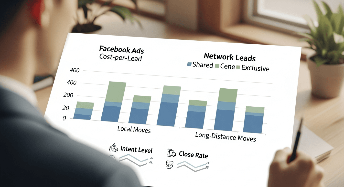 Bar chart comparing Facebook Ads cost-per-lead ranges versus Network Leads shared and exclusive pricing for both local and long-distance moves, with notes on intent level and close rate differences
