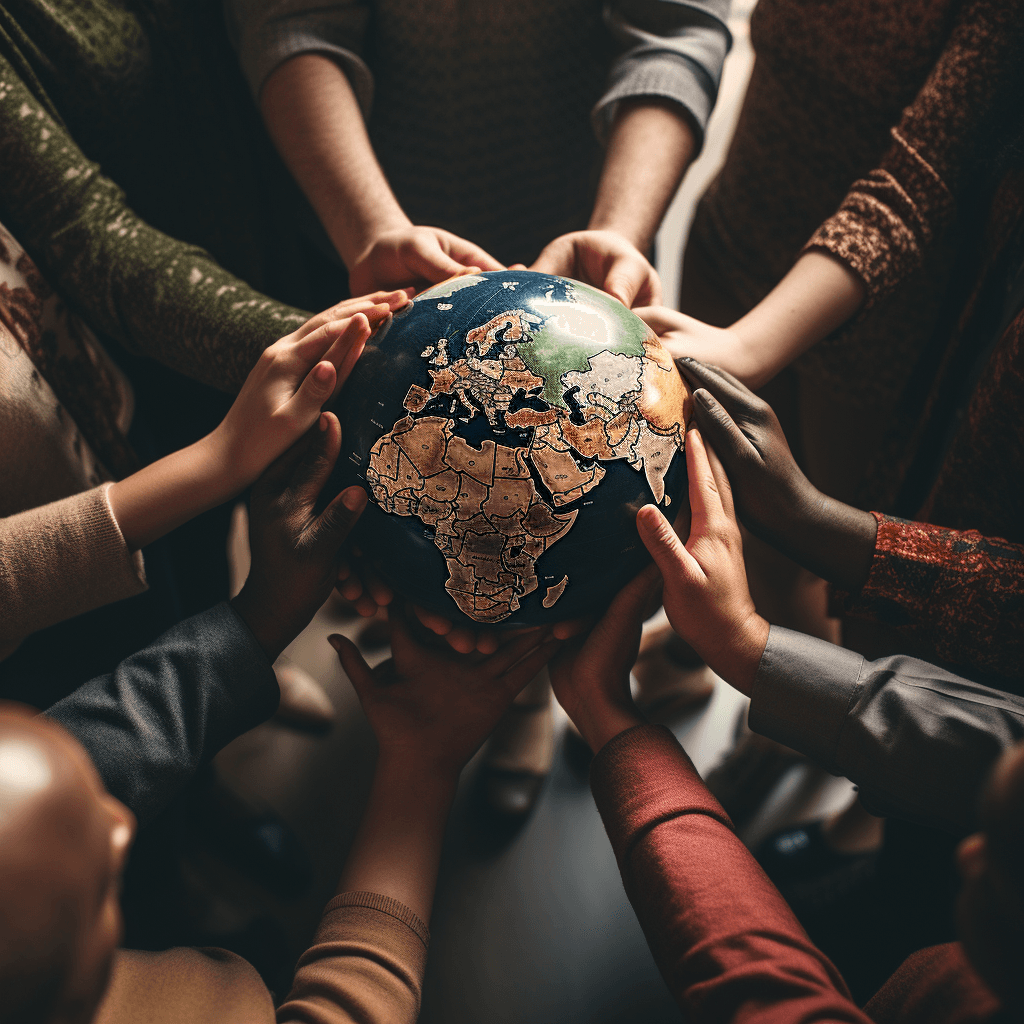 A group of people from different cultures and ethnicities holding hands around a globe. --v 5.2