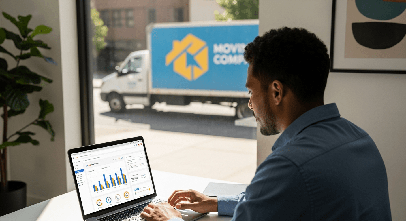 Moving company owner reviewing Google Ads performance on a laptop at their desk, with a branded moving truck visible through the window behind them