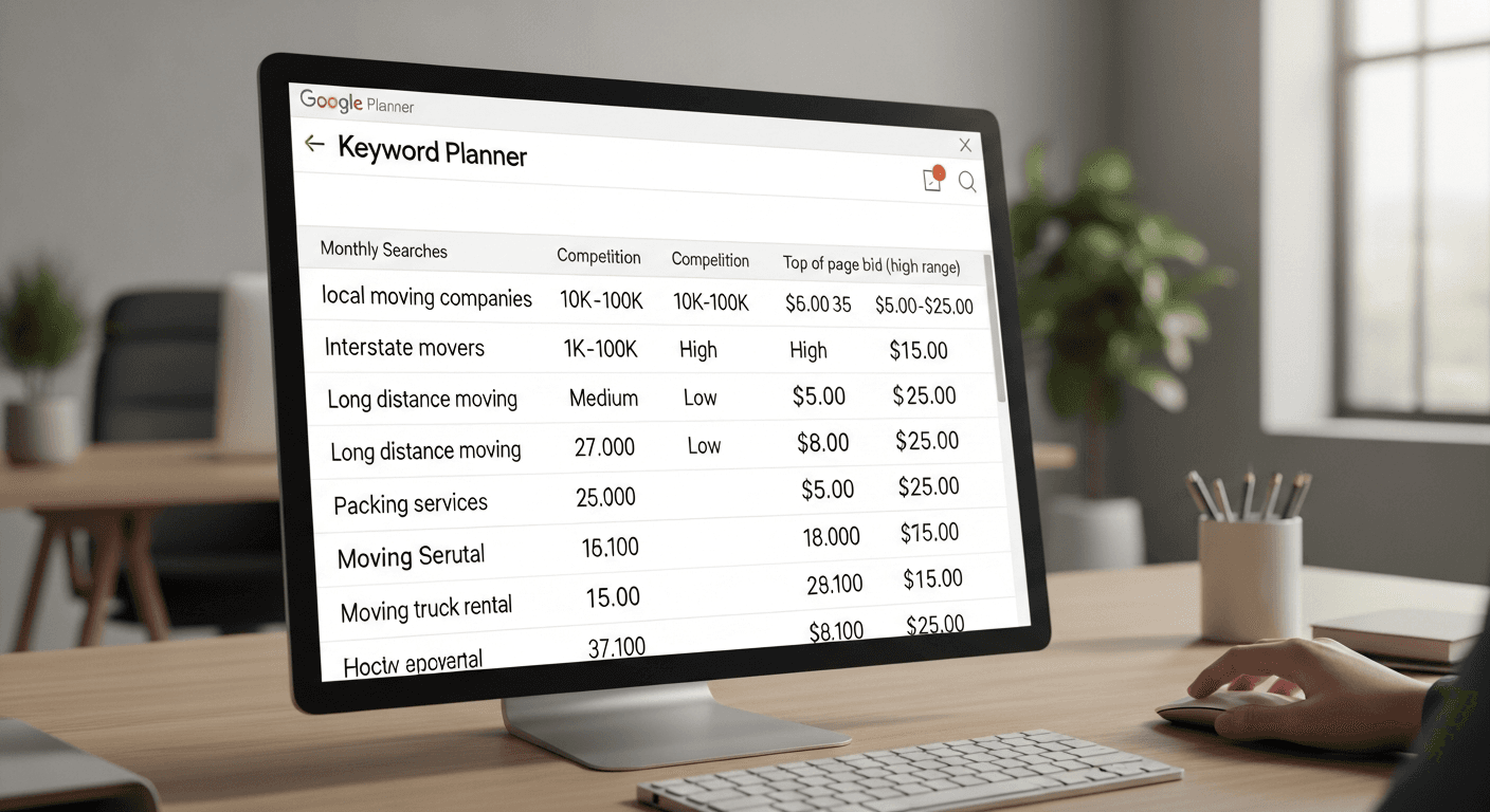 Google Keyword Planner screen displaying moving company search terms with monthly search volumes, competition levels, and bid range estimates for local and interstate moving keywords