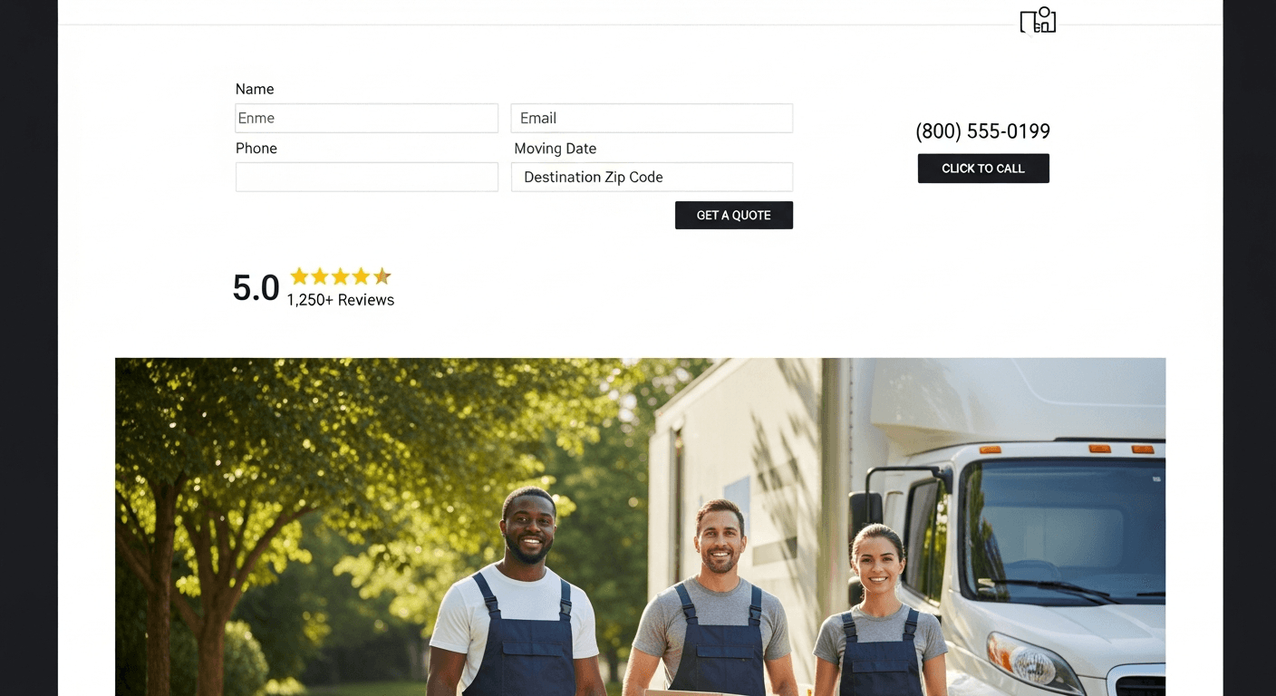 High-converting moving company landing page showing a short quote form above the fold, 5-star Google review count, click-to-call phone number, and a photo of a moving crew in front of a branded truck