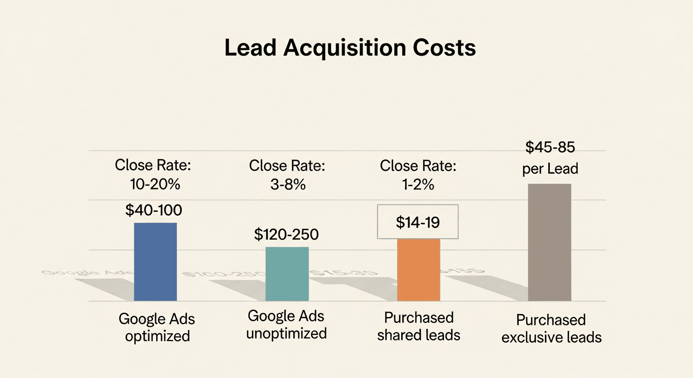 Side-by-side bar chart comparing lead acquisition costs: Google Ads optimized ($40-100/lead), Google Ads unoptimized ($150-250/lead), purchased shared leads ($15-20/lead), and purchased exclusive leads ($45-85/lead), with close-rate annotations on each bar