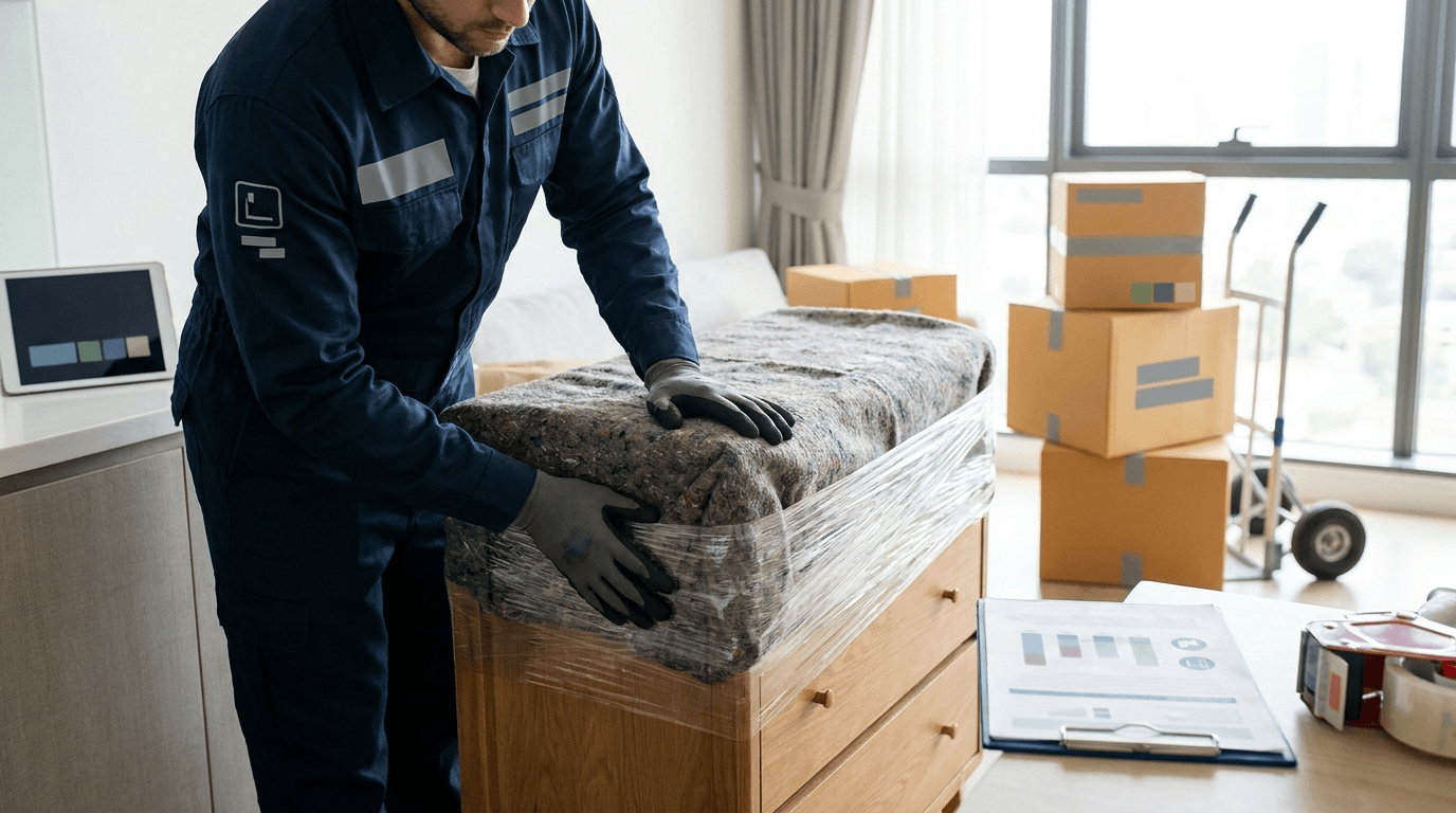 Professional mover carefully wrapping furniture for protection during a residential move