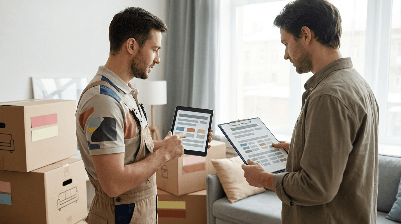 Moving company employee completing a pre-move inventory form with a customer