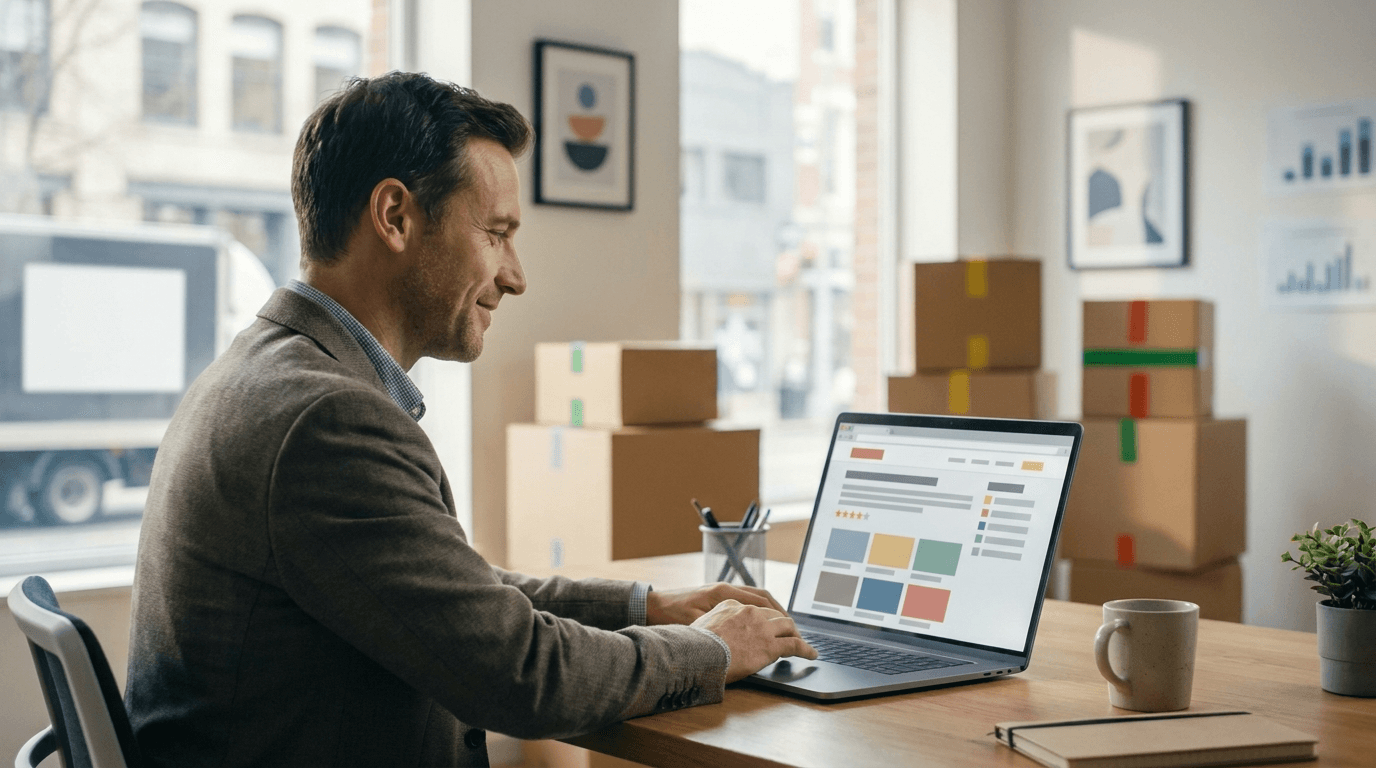 Moving company owner reading a positive online customer review on a laptop
