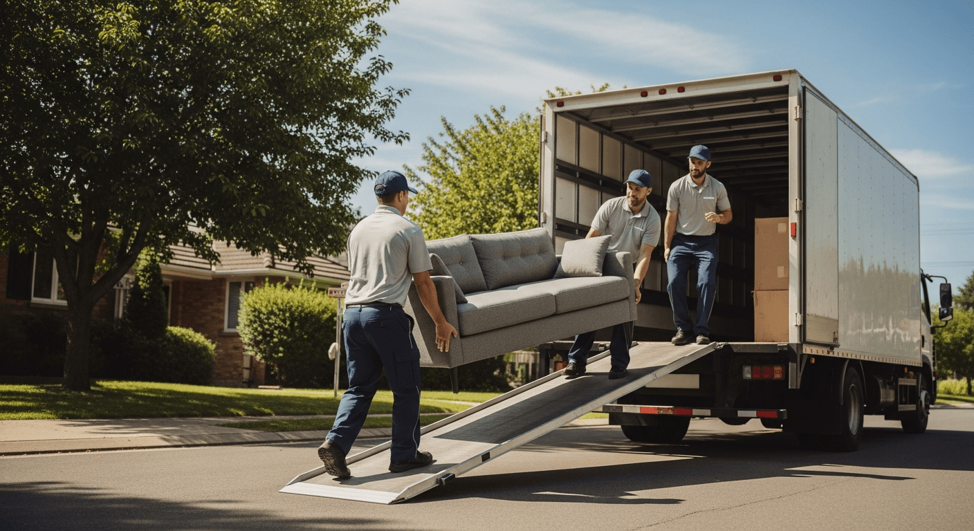 Three uniformed movers carrying a large couch up a ramp into a moving truck on a bright summer day