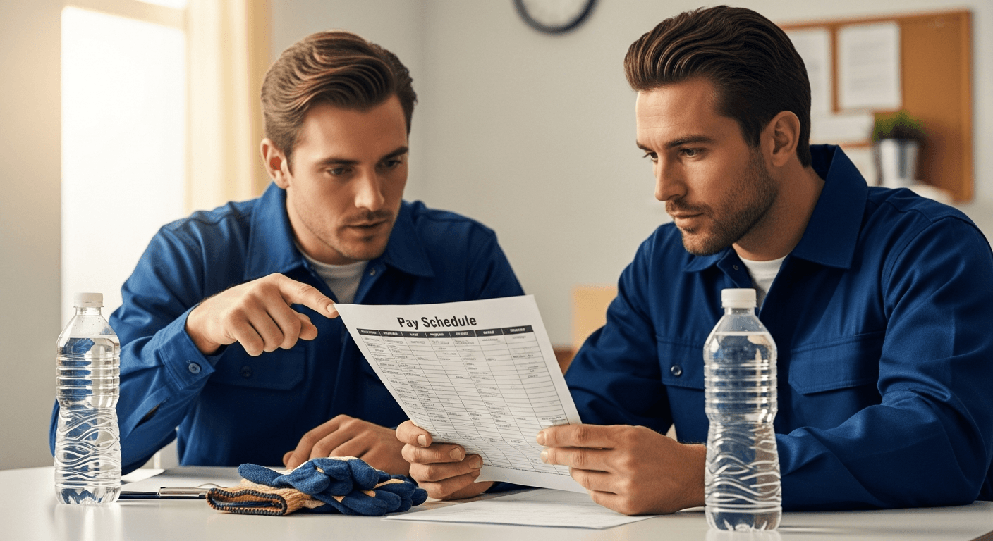Two moving crew members in a break room reviewing a printed pay schedule, with work gloves and water bottles on the table