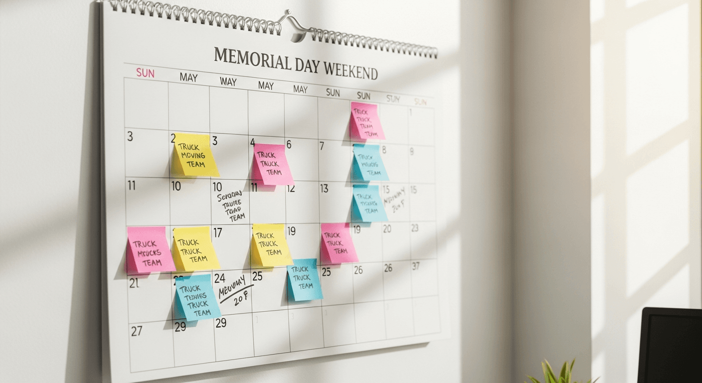 A wall calendar marked with peak moving season dates and crew assignments for Memorial Day weekend, with color-coded sticky notes for each truck team