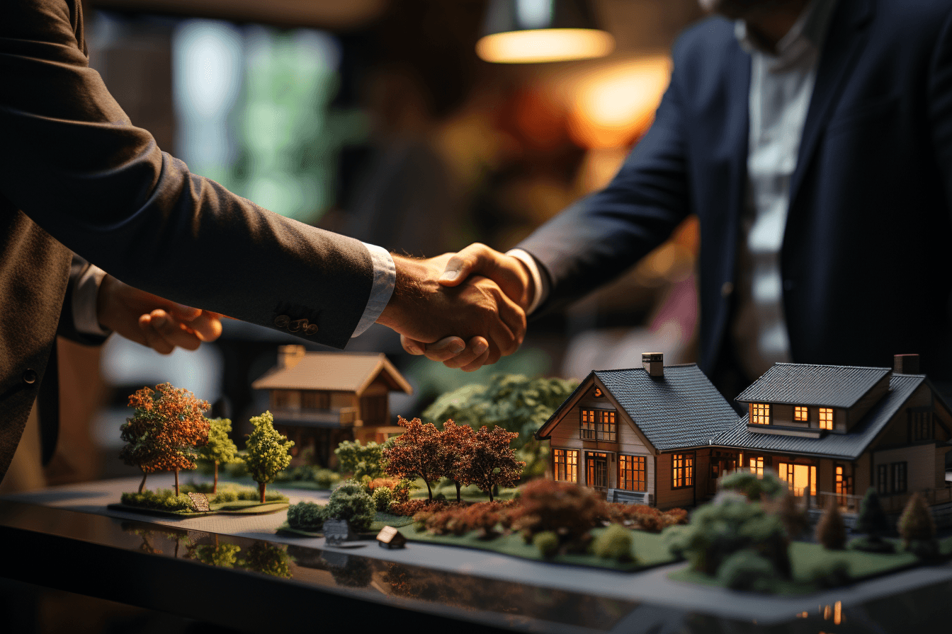 a moving company owner and a realtor shake hands, house models on desk