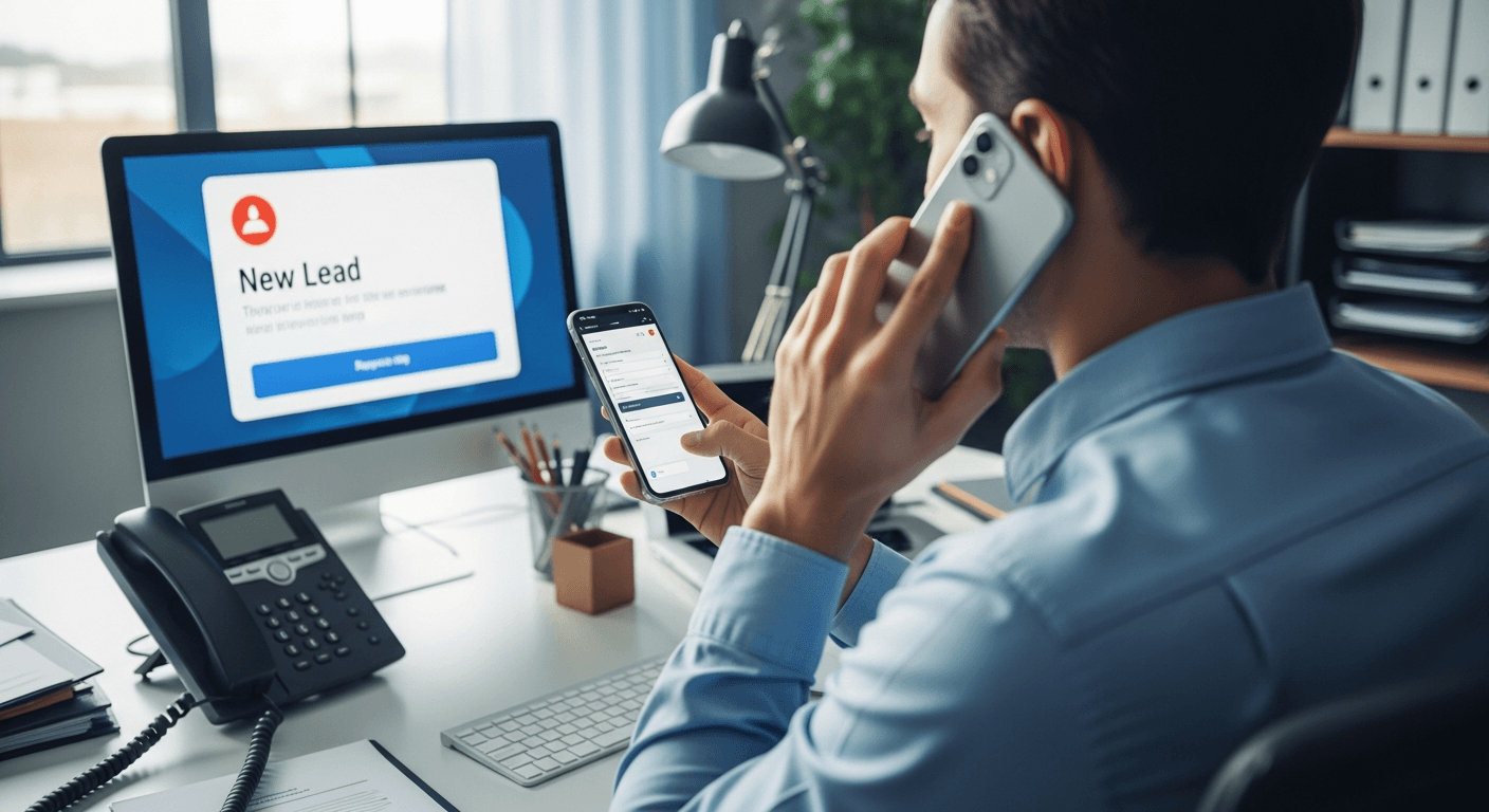 A moving company dispatcher immediately calling a lead on a smartphone within minutes of receiving an alert notification