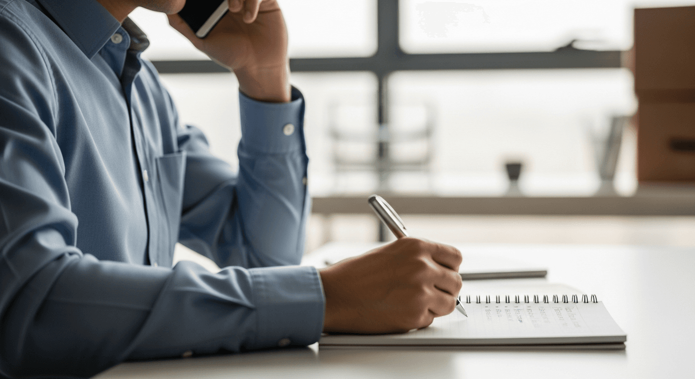 Moving company sales rep listening attentively on a call, writing notes about a customer's move details on a notepad