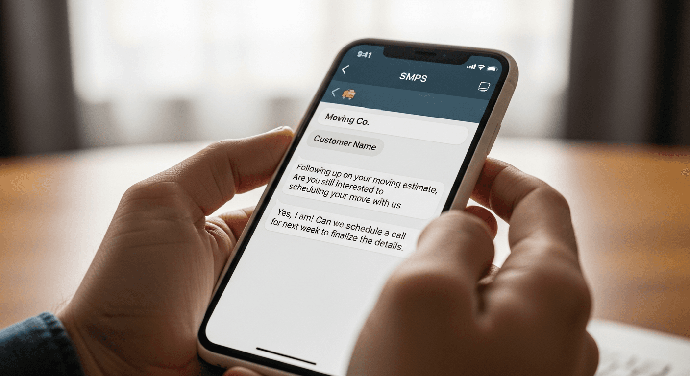 An SMS thread on a phone screen showing a concise follow-up message from a moving company that leads to a customer reply