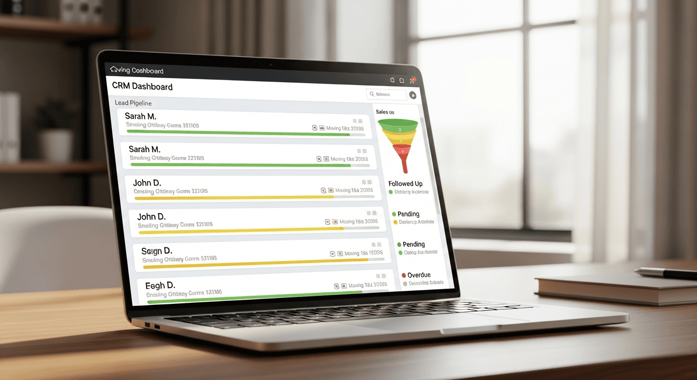 A CRM dashboard on a laptop screen showing a moving company's lead pipeline with color-coded follow-up status for each contact