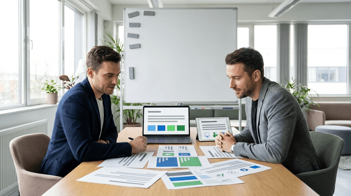 Moving company owner reviewing financial documents and valuation reports with a business broker at a desk