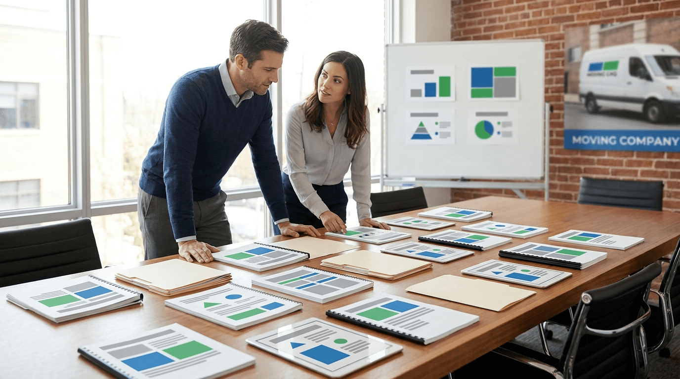 Organized business documents including profit and loss statements, tax returns, and operational SOPs laid out for a moving company sale review