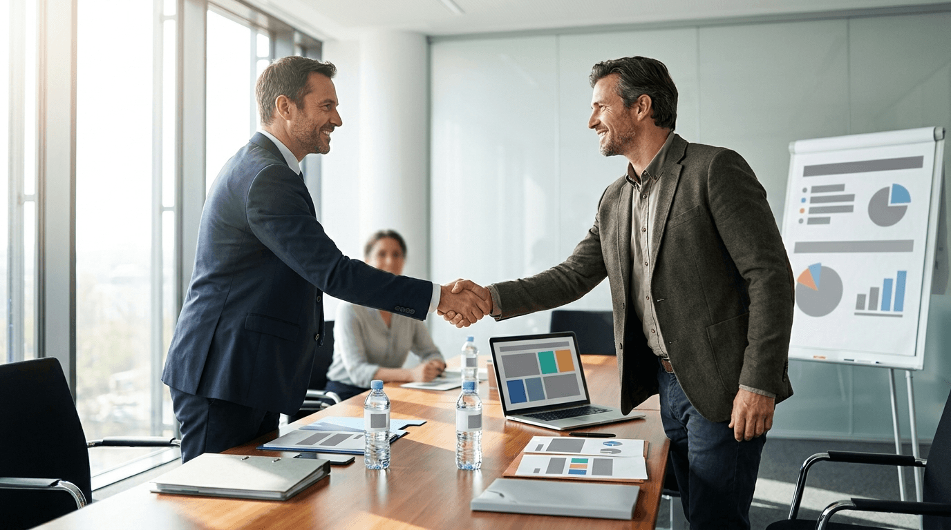 Business broker and moving company owner shaking hands during an acquisition meeting at a conference table